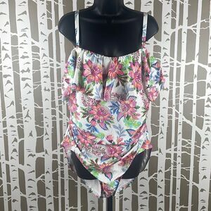 La Blanca One-Piece Island Goddess Off The Shoulder Swimsuit sz 20W Bright Flora